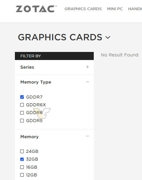 ZOTAC RTX 50 series VRAM and GDDR7 filters